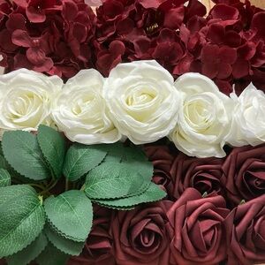 Burgundy & Ivory Hydrangeas Silk Roses Flowers 20 count